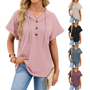 Colección Primavera Verano 2026 para Mujer, Top Formal con Capucha, Cordón Ajustable, Botones, Manga Corta, Tejido Transpirable - Product Image 5