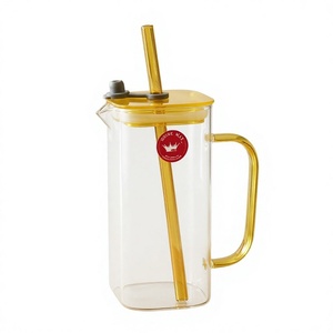 Rectangle Ceramic Pitcher Straw Reusable Luxury Design Yellow Handle <b>Lid</b> Food Grade <b>Glass</b> <b>Bottle</b> Eco Friendly 300mm Diameter - Product Image 1