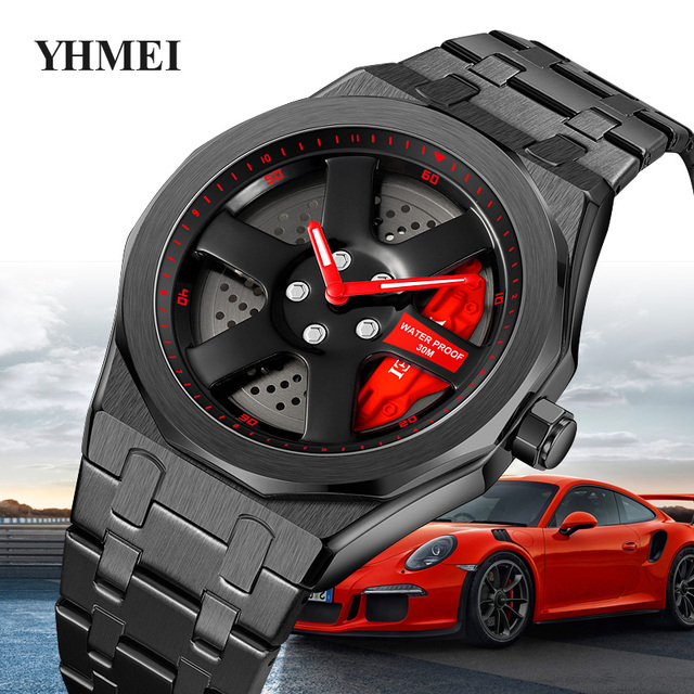 YHMEI Rotatable Watch Wholesale Band Unique Creative Quartz  Waterproof Car Rim Wheel Steering Watch Man Unique Quartz Watches