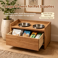 Station d'alimentation surélevée pour chat en bois avec double gamelle en acier inoxydable, tiroir de rangement multi-scénarios pour humain et animal, mangeoire pour chat