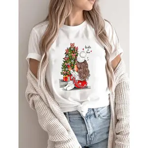 Camiseta retrô estilo Harajuku para mulheres, moda outono/verão, com tema de Natal, gola solta, retrô, roupas femininas, vendas de fábrica