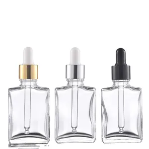 Clear 30Ml Vierkante Glazen Fles Koreaanse Huidverzorging Cosmetische Verpakking Glas Lege Druppelaar Fles Voor Schoonheid Vloeibare Haar Parfum Olie