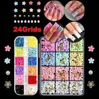 12Grids *2 Resin 3D Hiasan Kuku Bunga 2 Kotak Ornamen Bunga Warna-warni Dekorasi Kuku Mutiara Manik-manik Logam Aksesoris Manikur