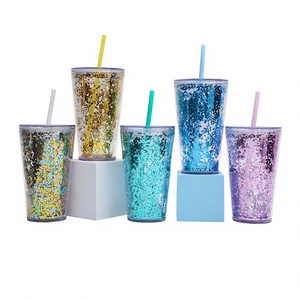 2026 Luxury Sequin Glitter Straw <b>Cup</b> Wholesale Custom Logo Double Wall <b>Reusable</b> Plastic Tumbler Sparkling Sequin Water Bottle - Product Image 1