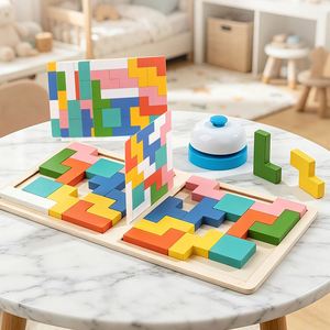 Pattern Block Match Building Cubes With Bell Kids Adults Toys Wooden Matching Puzzle <b>Board</b> <b>Games</b> <b>for</b> Family Holidays Night - Product Image 2