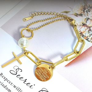 Collar con Colgante de Cruz de Acero Inoxidable con Perla Dorada, Brazalete de 3 Capas, Religioso Cristiano Católico, Jesús para Mí - Product Image 4