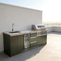 Isla de Cocina para Exteriores con Encimera de Mármol, Estructura de Acero Inoxidable, Parrilla de Gas de 5 Quemadores con Encendido Electrónico, 960x460 mm