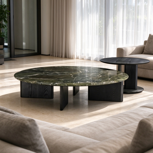 Green <b>Marble</b> Coffee <b>Table</b> Round Nesting Set <b>Black</b> <b>Marble</b> <b>Side</b> <b>Table</b> Sculpted Block Base Modern Living Room Hotel Lobby Villa - Product Image 1