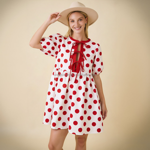 <span class=keywords><strong>Vestido</strong></span> Mini de Fiesta para Mujer, Dorado Metálico con Puntos Rojos, Escote en V Profundo, Volantes y Mangas con Volantes, Estilo Babydoll - Product Image 6