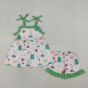 Ensemble de vêtements d'été pour filles, haut dos nu imprimé motif voiturette de golf, en coton biologique doux, nouvelle mode pour enfants, vente en gros, boutique - Product Image 4