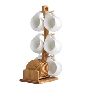 Wooden Coffee Tea <b>Set</b> With Bamboo Stand 3 Tier Ceramic Cups <b>Coasters</b> For Home Use - Product Image 5