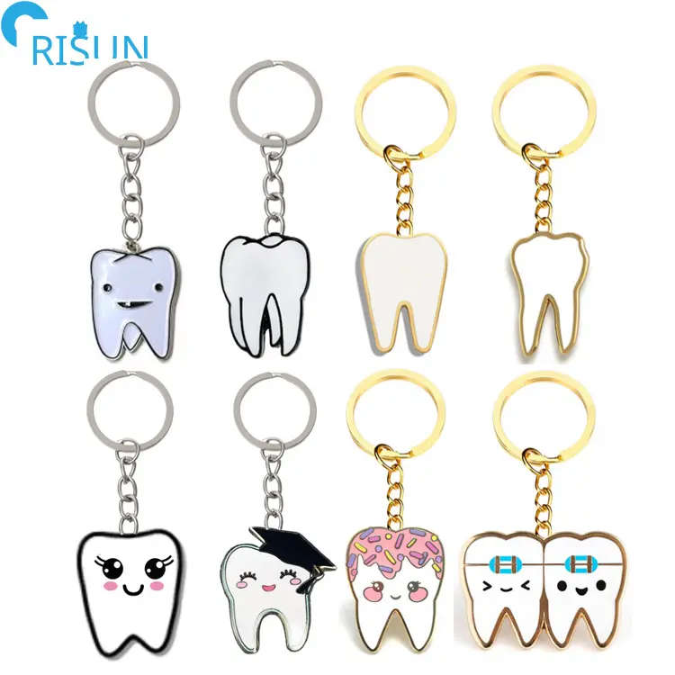 Porte-clés personnalisé en métal, dents mignonnes, dentisterie dentaire, en émail, porte-clé dentaire, vente en gros