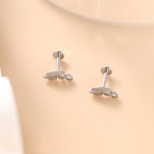 F136 Titanium Feather Flat Back Stud <b>Earrings</b> | Internally Threaded Cartilage, Lip, and Helix <b>Piercing</b> Studs for Women - Product Image 1