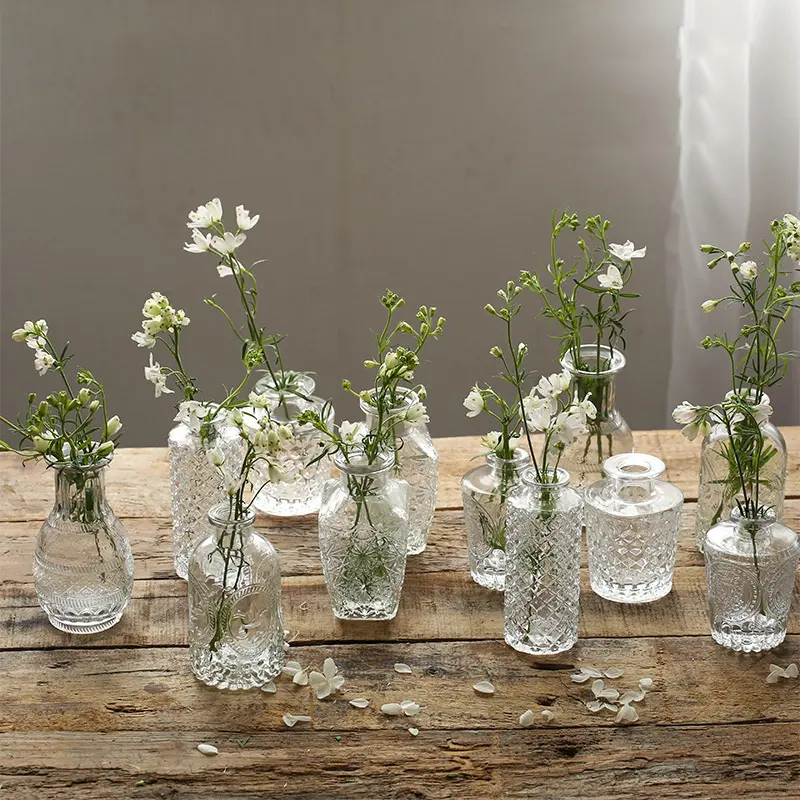 Madrid Vas Kecil Dekorasi Rumah Transparan Hiasan Bunga Timbul Prancis Vas Kaca Nordic Tengah Pernikahan Bening