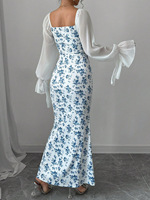 Robe longue femme automne florale respirante, coupe ajustée, col en U, tricotée, manches à volants, taille haute, sexy, style club, pour le quotidien, coupe crayon, dos nu