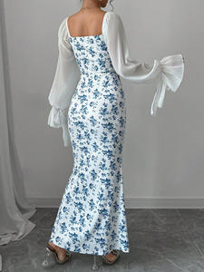 Robe longue florale d'automne pour femme, tricotée, à manches longues et à volants, col en U, taille haute, sexy et élégante pour le club et le quotidien - Product Image 3