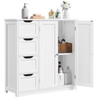Armoire de rangement en bois blanc avec 4 tiroirs et portes doubles, meuble de rangement autoportant pour salle de bain, cuisine, salon