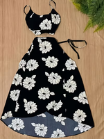 Set atasan dan rok maxi motif bunga hitam wanita, tali spaghetti, pakaian dua potong, gaya boho pantai, liburan musim panas, grosir, pesanan khusus