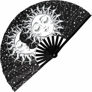 Abanico Plegable de Bambú con Estampado Grande de Sol y Luna, Abanico de Mano con Diseño de Constelaciones Celestiales en Blanco y Negro, Accesorio para Festivales Rave - Product Image 1