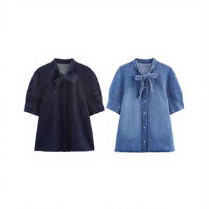 TAOP&ZA 2025 – Nouvelle collection été-automne : T-shirt en jean vintage décontracté, polyvalent, respirant, écologique, coupe classique, avec nœud papillon et manches courtes - Product Image 4