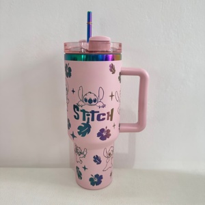 Gobelet isotherme personnalisé de luxe H2.0 40oz avec motif monstre de dessin animé, gravé au laser, revêtement poudré, avec paille et poignée - Product Image 3