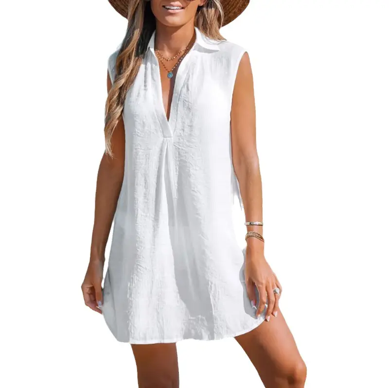 Cheap Beach Comfortable Summer Sun-Protective Loose Sleeveless Mid Long White Women'S Blouses Shirts
