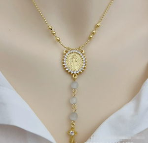 Collier vintage avec médaille <span class=keywords><strong>de</strong></span> la Vierge <span class=keywords><strong>Marie</strong></span> catholique, perles <span class=keywords><strong>de</strong></span> jade <span class=keywords><strong>rose</strong></span>, médaille <span class=keywords><strong>de</strong></span> Notre-Dame en zircon cubique et croix en forme <span class=keywords><strong>de</strong></span> cœur - Product Image 4