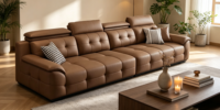 Canapé d'angle modulable en cuir véritable marron camel de qualité supérieure, capitonné, design moderne, multifonctionnel