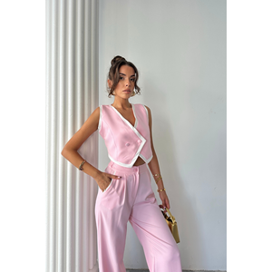 Conjunto de Pantalones y Chaleco Corto Rosa con Ribete Asimétrico para Mujer, Talla S - Product Image 3