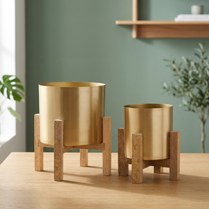 Gold Plated Metal Flower <b>Pot</b> with Wooden Stand Modern Minimalist Design for Indoor Use Desktop Planters Set of Two - Product Image 2