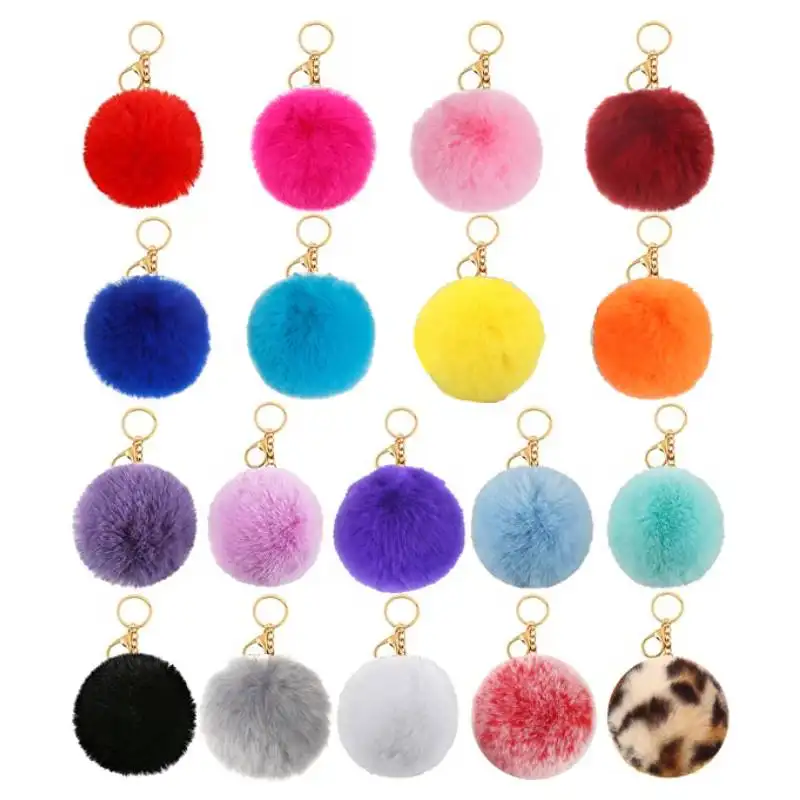 Wholesale Multicolor Furry Fluffy Puff Ball 8cm Faux Rabbit Fur Ball Pom Pom Keychain
