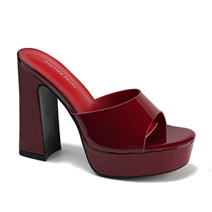 Mules de tacón de bloque de PU charol negro para mujer, <span class=keywords><strong>sandalias</strong></span> de tacón grueso con punta abierta y sin cordones para fiesta y club - Product Image 3