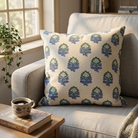 Housse de coussin décorative en coton 100% à imprimé bloc bleu-vert, motif floral indien, pour canapé et chambre à coucher