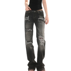 Jeans Bootcut Droits Délavés et Effilochés pour Homme avec Logo Personnalisé, Ornés de Strass sur Toute la Surface - Product Image 1