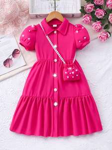 Robe d'été pour petites filles, style coréen, coupe trapèze, couleur unie, manches perlées, longueur genou, avec sac à bandoulière perlé 4ourcostumes - Product Image 6