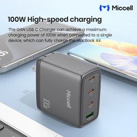 Chargeur rapide pour téléphone Miccell Compact 100W GaN avec 3 ports USB-C et 1 port USB-A, adaptateur mural multi-ports pour iPad et smartphones