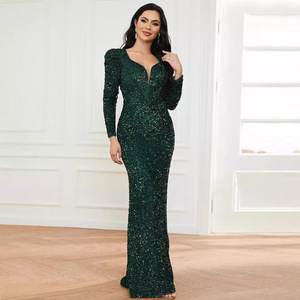 Robe de soirée fourreau à manches longues et col en V, à paillettes vert foncé, grande taille, robe de soirée formelle pour femmes - Product Image 4