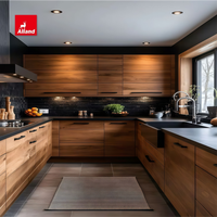 Meuble de cuisine Alland de qualité supérieure, moderne, en bois naturel, avec étagères ouvertes et pierre frittée noire, pour maison neuve sur mesure