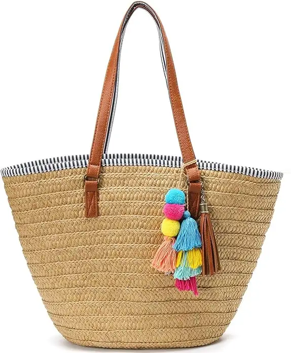 Straw Beach Bags Tote Tassels Bag Hobo Summer Handwoven Shoulder Bags Purse With Pom Poms for Lady