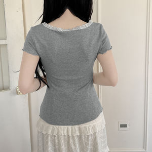 <b>Women</b> Lace Trim Button Front Openwork Knit Long Sleeve <b>T</b> <b>Shirt</b> Top Casual Slim Fit Elegant Street Fashion - Product Image 4