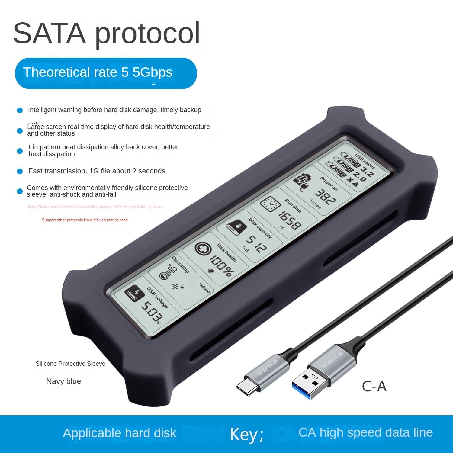 Carcasa para Disco Duro con Protocolo SATA y Pantalla Azul
