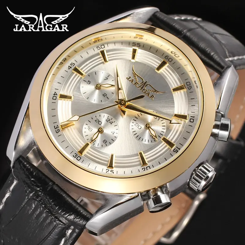 Brand Luxury JARAGAR Mechanical Watches Men's Date Week Multifunction Watch Leather Strap Automatic Self Wind Men Wristwatches
