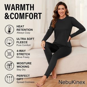 Sous-vêtements thermiques pour femmes, ensemble 2 pièces, doublure polaire, couche de base, hauts et bas, col rond, spandex, coton, fibre de bambou - Product Image 2