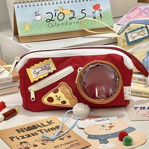 Bolsa para lápices Nwak, cierre de cremallera de lona, tema de pizza roja, uso escolar y de oficina, gran capacidad, estilo coreano - Product Image 1