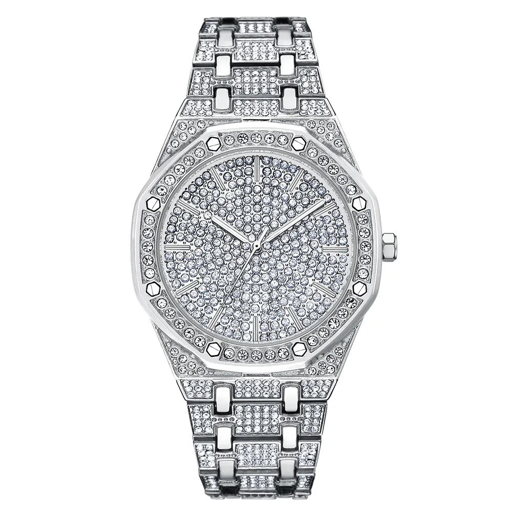 Blingbling-reloj de cuarzo con diamantes de plata para hombre, cronógrafo de lujo, regalo único