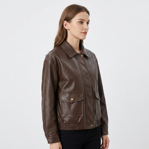 Nouvelle Arrivée Blousons en Cuir Noirs Décontractés Amples Style Vintage à Col Revers et Manches Longues pour Femmes - Product Image 1