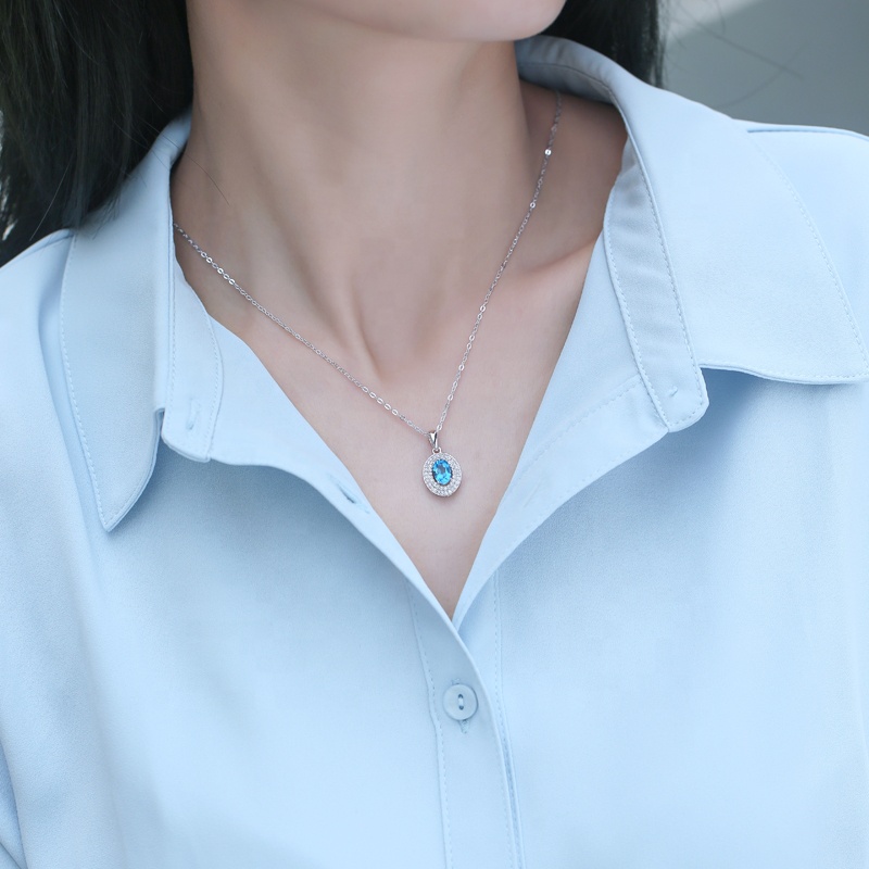HMOIS Topaz Stone Nature Chinese 925 Sterling Silver Blue Topaz Pendant for Necklaces