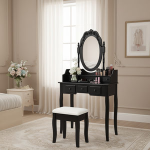 Ensemble de coiffeuse avec miroir et tabouret rembourré, 5 tiroirs, noir - Product Image 2