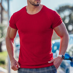 Camiseta de Punto Acanalado Azul Claro para Hombre, Manga Corta, Cuello Redondo, Corte Ajustado, Color Sólido, Transpirable, de Algodón - Product Image 3