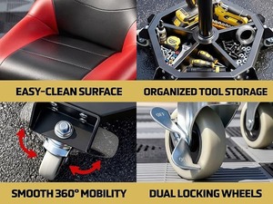 Sedia Mobile per Officina con Rotazione a 360°, Capacità 150 kg, Ampio Cuscino in Pelle, Cinque Ruote, Vano Portaoggetti Integrato, per Riparazione Carrozzeria Auto - Product Image 3